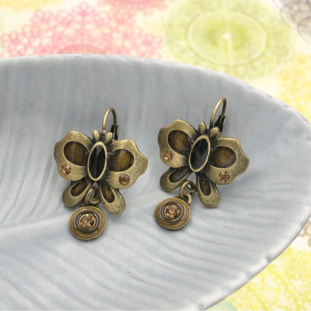 🍀 Butterfly Gold Tone Brown Enamel Euro Hook Earrings